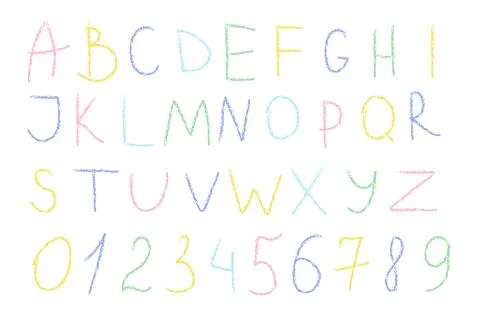 Colored numbers, letters alphabet scribbled in wax pencil, on white backgro.. Stock Illustration