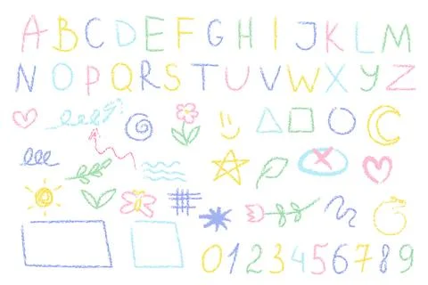 Colored numbers, letters alphabet scribbles wax crayon, kids drawings on wh.. Stock Illustration