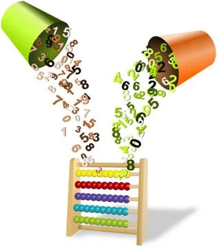 Colored numbers poured from buckets to abacus Stock Illustration