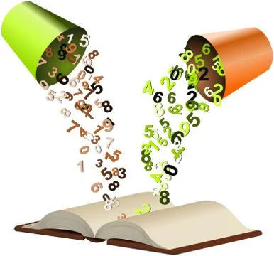 Colored numbers poured from buckets to opened book Stock Illustration