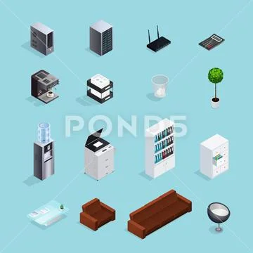 Colored Office Supplies Isometric Icon Set Stock Illustration
