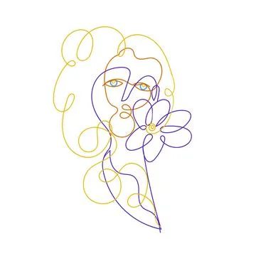 Colored one continuous line surreal female face on isolated on white. Stock Illustration