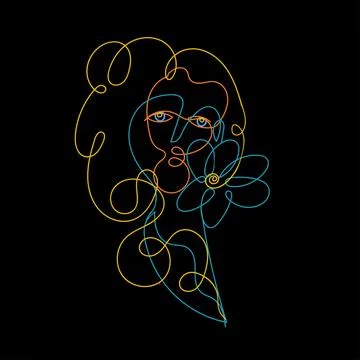 Colored one Line art posters with surreal female face on black background. Stock Illustration