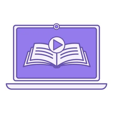 Colored Online Course Icon. Vector Icon. Laptop, Open Book, and Play Sign. .. Ilustración de archivo