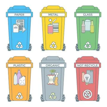 Colored outline separated garbage bins icons labels . Stock Illustration