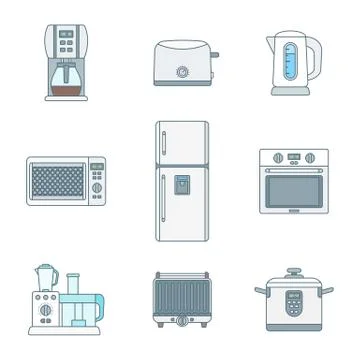 Colored outline various kitchen devices set. Illustrazione stock