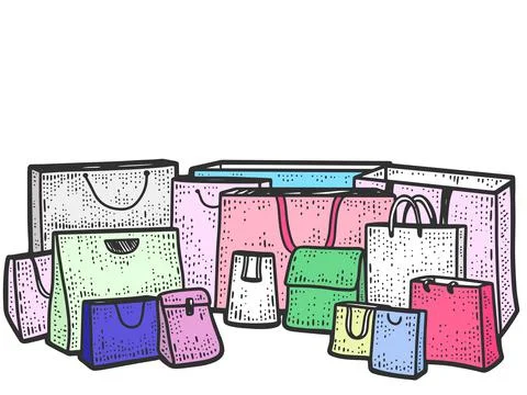 Colored packaging bags, set. Line art sketch picture. Hand drawn. Stock Illustration