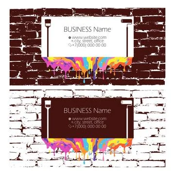 Colored paint on a brick wall, roller and brush. House painter business car.. Stock Illustration