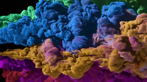 Colored Paint Spills Onto Clear Liquid, Spreads and Swirls When Dropped into Video stock 145343585