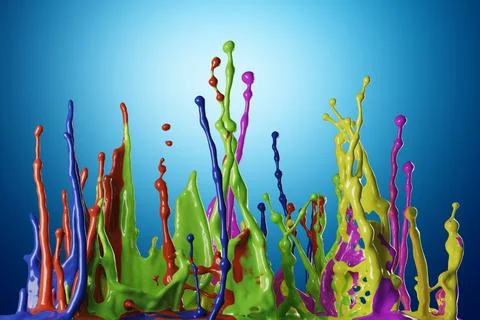 Colored paint splashes on blue background Illustrazione stock