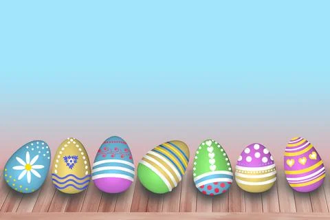 Colored painted eggs 3d rendering model, background for design, postcards, co Illustrazione stock