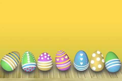 Colored painted eggs 3d rendering model, background for design, postcards, co Stock Illustration