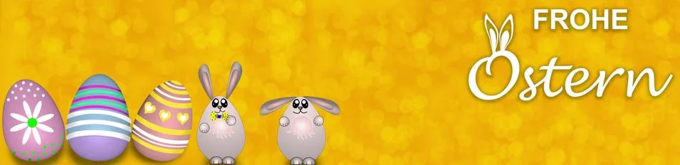 Colored painted eggs 3d rendering model, inscription Happy Easter in German,  Stock Illustration