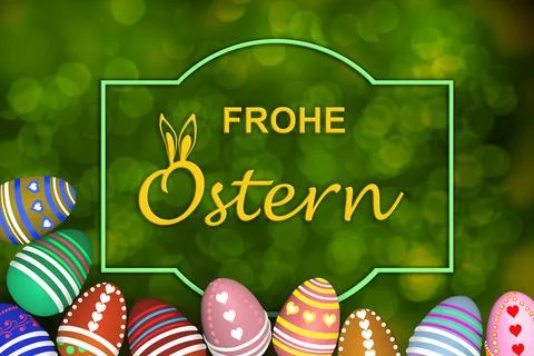 Colored painted eggs 3d rendering model, inscription Happy Easter in German,  Stock Illustration