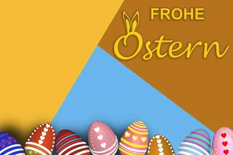 Colored painted eggs 3d rendering model, inscription Happy Easter in German,  Stock Illustration