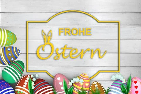 Colored painted eggs 3d rendering model, inscription Happy Easter in German,  Stock Illustration