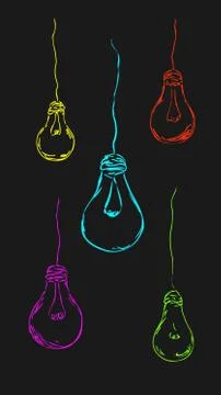 Colored painted light bulbs on a dark background. Stock Illustration