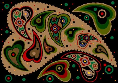 Colored paisley on a black background. Stock Illustration