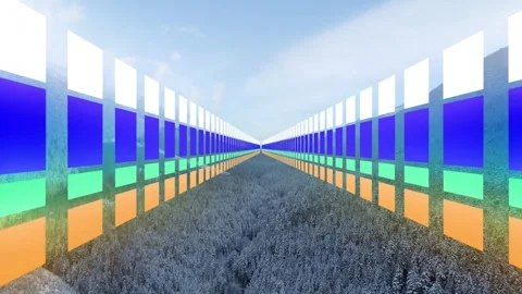 Colored panels cycling down tall corridor on timed loop, creating moving rainbow Stock Footage 333873466