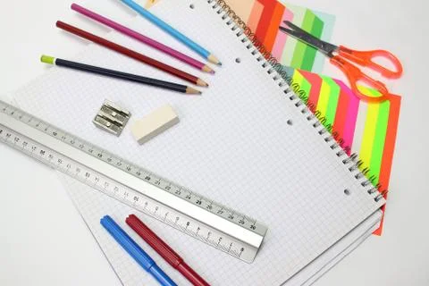 Colored paper and school supplies Stock Photos