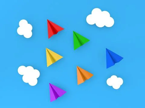 Colored paper planes on a blue background. Leadership concept. Stock Illustration