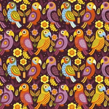 Colored parrots surrounded by flowers on a dark Stockillustratie