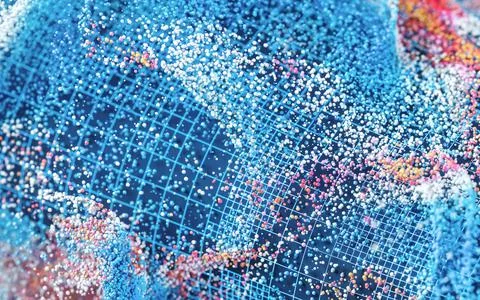 Colored particles with blue background, 3d rendering. Stock Illustration