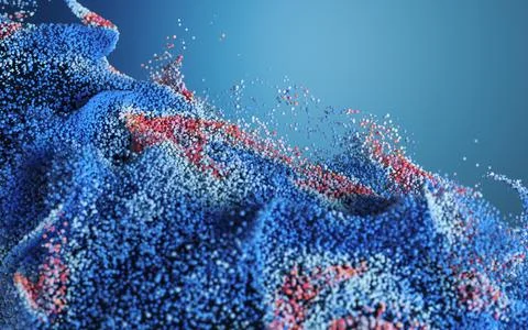 Colored particles with blue background, 3d rendering. Stock Illustration