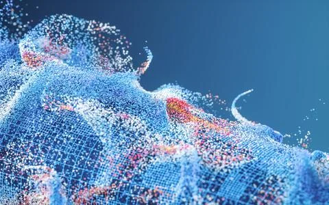 Colored particles with blue background, 3d rendering. Illustrazione stock