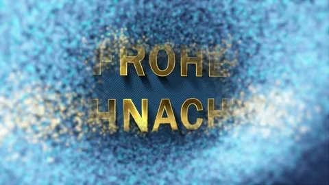 Colored particles turn into blue background and text - Frohe Weihnachten Video stock 105990640