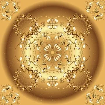 Colored pattern on yellow, brown and beige colors with golden elements. Vector g Stock Illustration