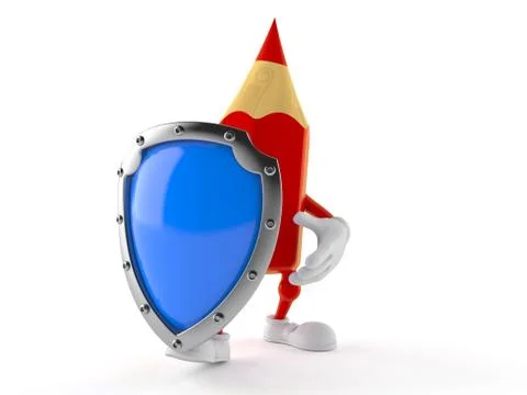 Colored pencil character with protective shield Stock Illustration