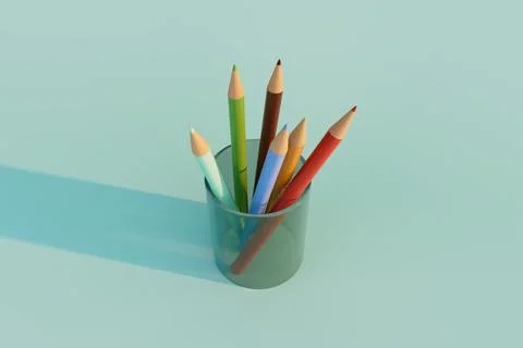 Colored pencil collection in transparent cup with shadow Stock Illustration