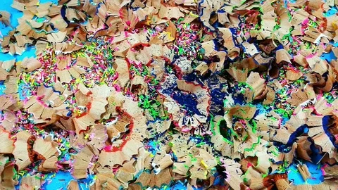 Colored pencil core wax falling on wooden chips Stock-Footage 91374535