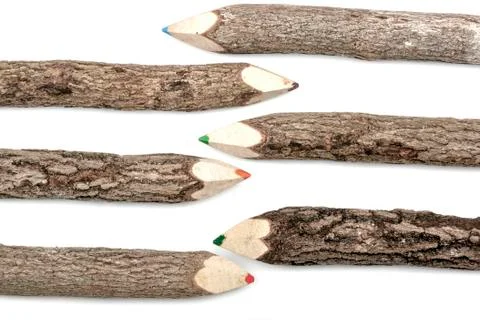 Colored Pencil Crayons Set in Rough Textured Bark Stock Photos