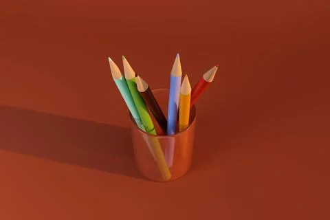Colored pencil in cup on red background with shadow Stock Illustration