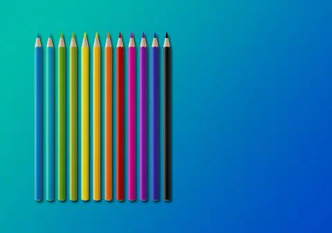 Colored pencil group isolated on blue. Horizontal background Stockillustratie