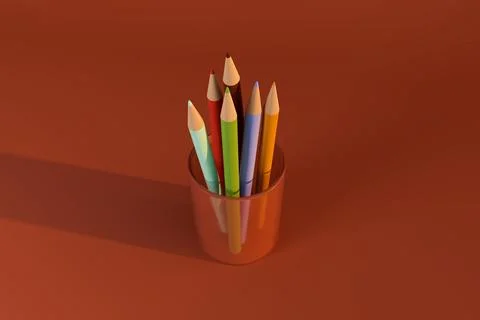 Colored pencil set in transparent cup on red background Stockillustratie