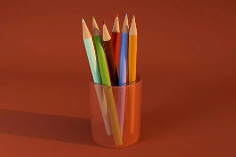 Colored pencil set in transparent cup on red background Stock Illustration