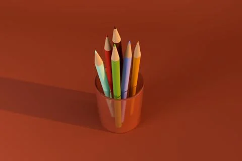 Colored pencil set in transparent cup on red background Stockillustratie