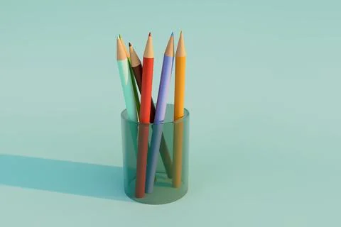 Colored pencil set in transparent glass holder Stock Illustration