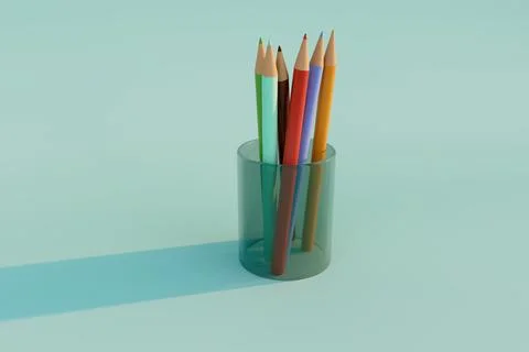 Colored pencil set in transparent holder with long shadow Stock Illustration