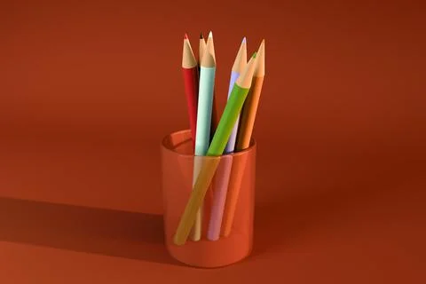 Colored pencil in transparent cup on red background Stock Illustration