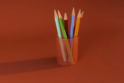 Colored pencil in transparent cup on red background Stock Illustration