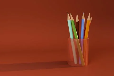Colored pencil in transparent cup on red background Stock Illustration
