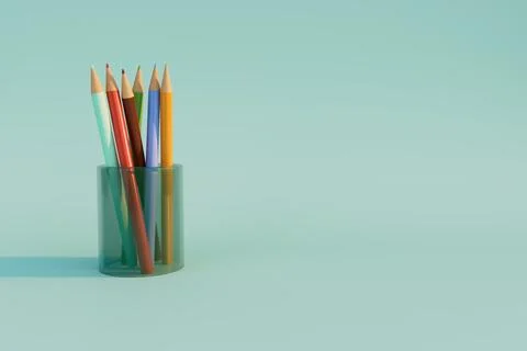 Colored pencil in transparent holder on mint background Ilustración de archivo