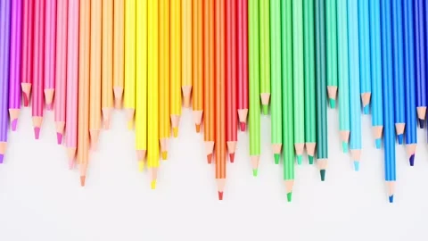 Colored pencils arranged on white background extend up and back. Top view. Stop Stock Footage 153038404
