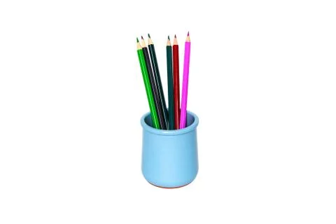 Colored pencils in a blue stand in the form of a vase. Stock Photos