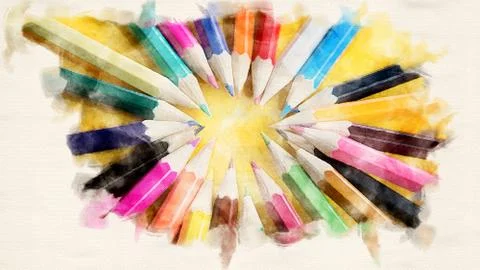 Colored pencils in a circle on yellow background Stock Illustration