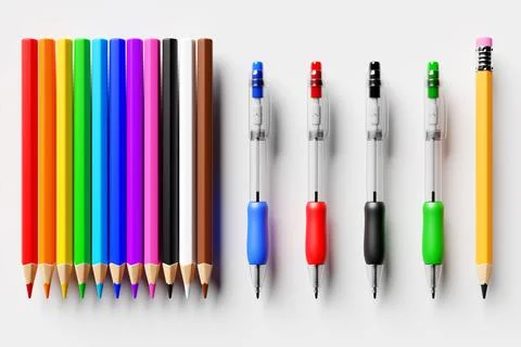 Colored pencils, colored ink pens and a regular pencil with a red rubber band Illustrazione stock